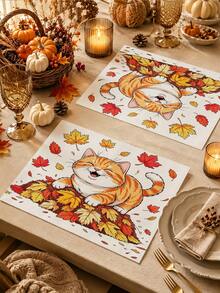 Camino de mesa con diseño de gato y hoja de arce para el Festival de Cosecha de Acción de Gracias, estilo pastoral de otoño, decoración del hogar y cocina de Acción de Gracias, camino de mesa, mantel individual, funda de almohada, decoración del hogar y suministros para fiestas del Festival de Cosecha de Acción de Gracias - Multicolor - Ver 5