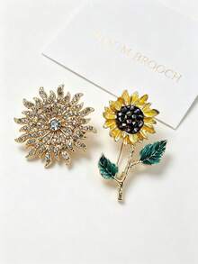 Full Rhinestone Radiating Sunflower Brooch + Oil-Drip Stem Sunflower Pair Pins, Warm Gold Vintage Suit Coat Collar Anti-Exposure Accessory - Multicolor - View 8