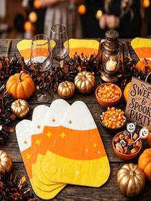 1 Set Halloween Corn Shaped Paper Napkins, Star Print Triangle Decorative Dinner Napkins, Suitable For Halloween Costume Party Table Setting, Waterproof Soft Paper Cocktail Napkins, Spooky Holiday Table Decor Supplies - A - View 3