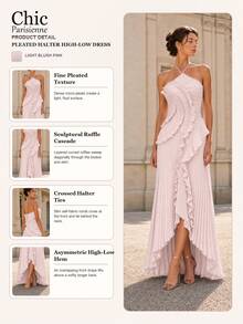 Baby Pink:Baby Pink Romantic Ruffle Pleated Halter Maxi Dress - 淺粉色 - 查看 4