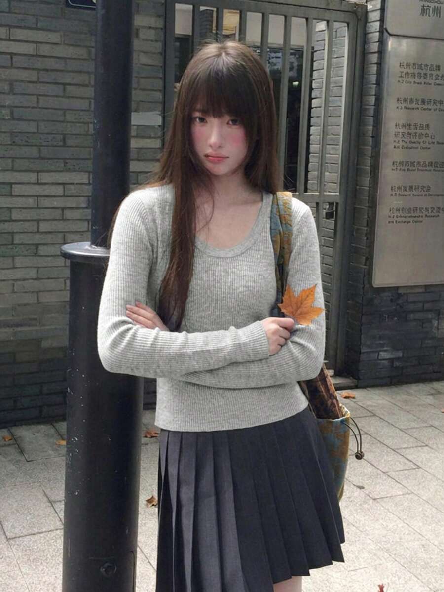 YCYC Autumn/Winter Classic Versatile Elegant Solid Color Long Sleeve Pullover Top - Grey - View 1