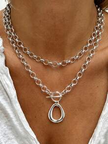 17KM 1pc Simple Fashion Exaggerated Geometric Pendant Long Necklace, Women's Sister Vacation Date Gift, Daily Casual Party Wedding Outfit - Silver - View 1