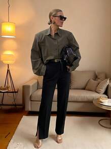 Plaid Pattern Loose Fit Padded Shoulder Long Sleeve Collared Blouse, Long Sleeve Top For Women Spring - Army Green - View 1