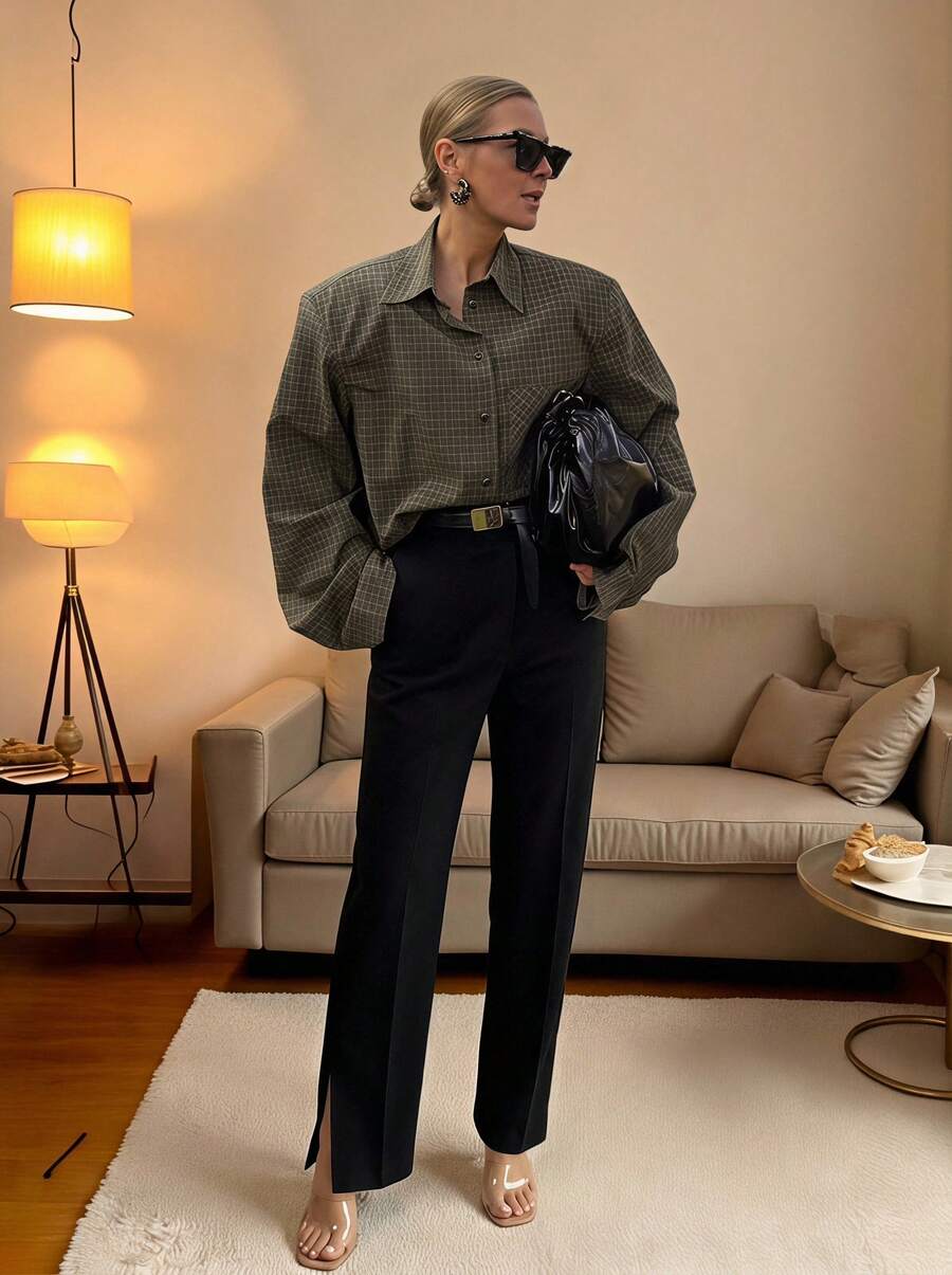 Plaid Pattern Loose Fit Padded Shoulder Long Sleeve Collared Blouse, Long Sleeve Top For Women Spring - Army Green - View 1