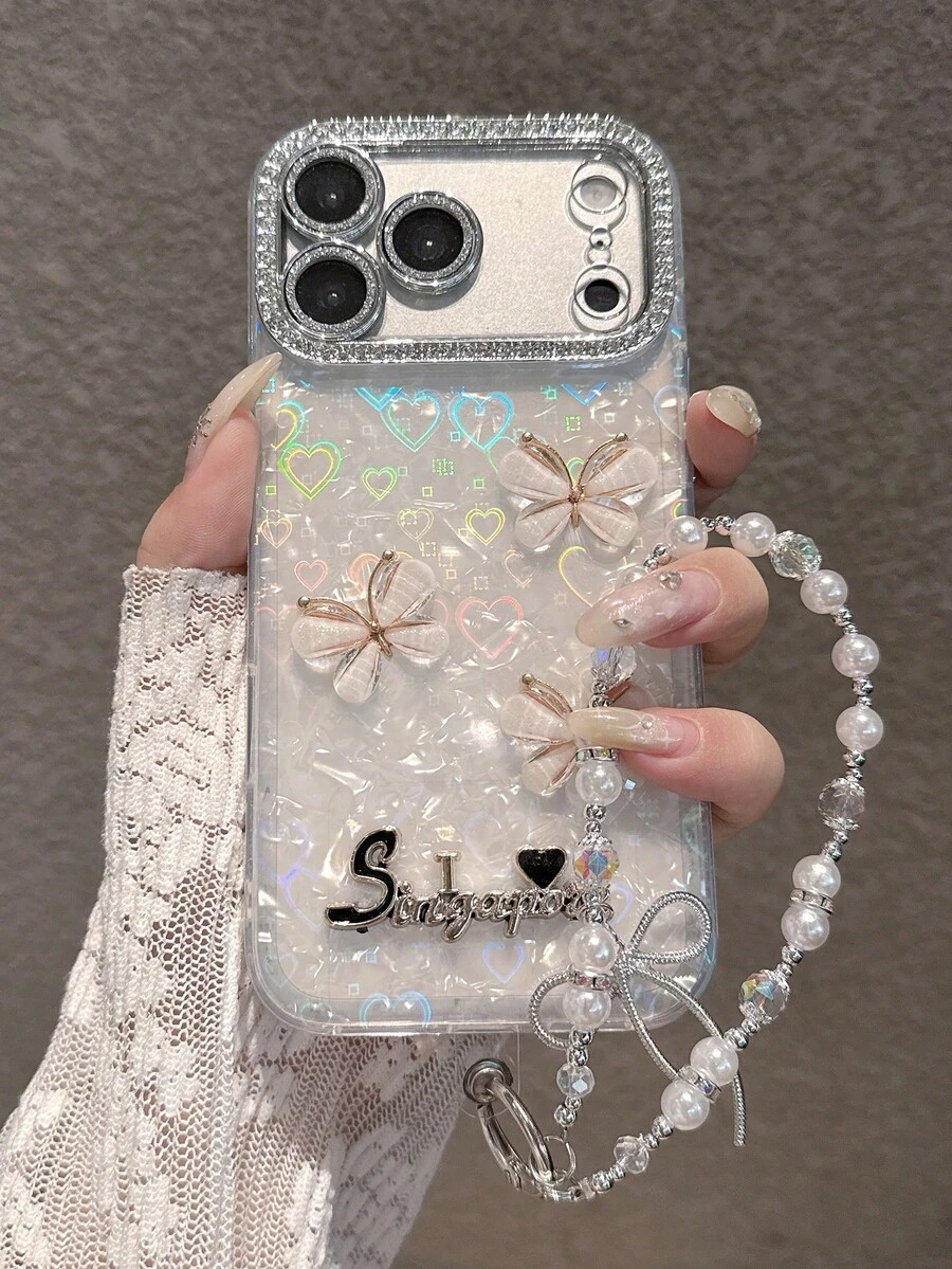 Elegant Butterfly Heart White Phone Case + Wrist Strap Compatible With IPhone 18 Pro Max/18 Pro/18/17 Pro Max/17 Pro/17/16 Pro Max/16/16 Pro/16 Plus/15/15 Pro Max/15 Pro/15 Plus/11/12/13/14 Pro Max/12 Pro/12 Pro Max/13 Pro/13 Pro Max/14 Pro Full Coverage Shockproof Hard Shell