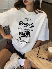 Loose Fit Women Casual T‑Shirt, Funny Padel Racket Spanish Text Graphic Tee, Short Sleeve Basic Top, Summer Daily Ladies Everyday Outfit - White - View 4