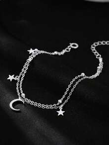 1pc Forest Style Small Fresh And Sweet Double-Layered Star And Moon Bracelet For Women Dating Daily Gift - Silver - View 5