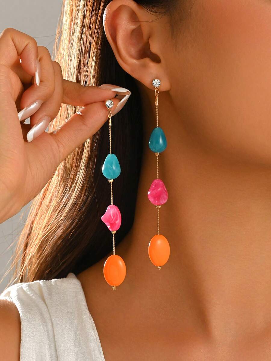 1 Pair Fashion Minimalist Geometric Round DIY Pink Multi-Colored Ring Tassel Earrings, New Starfish And Heart Style Tassel Earrings, Jewelry Earrings For Women, Suitable For Party, Date, Dinner, And Daily Wear, Please Note Each Resin Piece May Have Injection Molding Defects - Multicolor - View 1