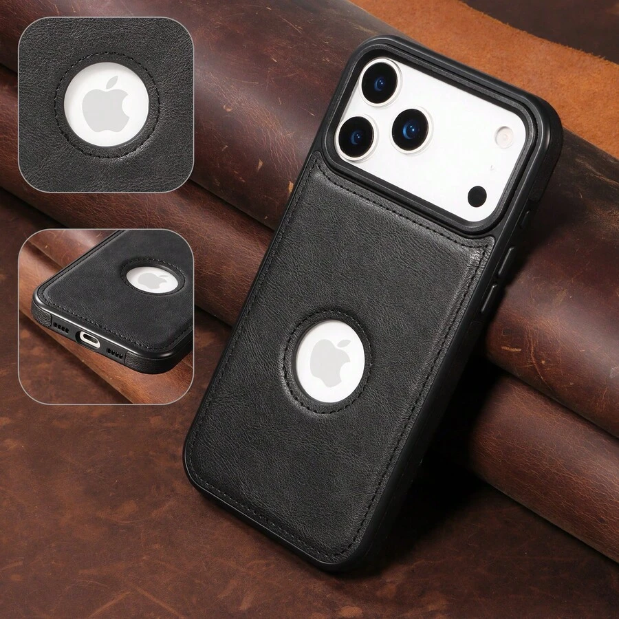 eaacaa Vintage PU Leather Phone Case Compatible With Apple 17 Pro Max/17 Pro/17/16 Pro Max/16 Pro/16/15 Pro Max/15 Pro/15/14 Pro Max/14 Pro/14/13 Pro Max/13 Pro/13/12 Pro Max/12 Pro/12, Hollow Design With Logo Cutout, Shockproof Protective Shell, Can Hold 1 SIM Card Ejector Tool And 2 Mobile IC Cards, Side Leather Trim Hollow Premium Phone Case, Suitable As A Gift For Parents/Family/Loved Ones For Thanksgiving And Christmas - Black - View 1