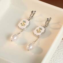 DIYCCPC Women's Fresh Hand-Painted White Background Botanical Print Chain Drop Earrings, Suitable For Daily Commute And Dating - Multicolor - View 3