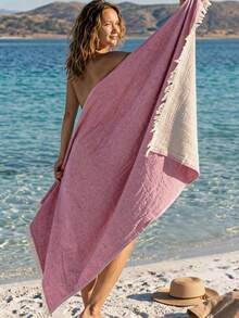 Colorful Tassel Beach Pareo – Large Lightweight Sarong, Fast Dry Towel For Sea, Pool, Yoga, Pilates – Multi-Purpose Cover Up 100x170cm - Pink - View 2