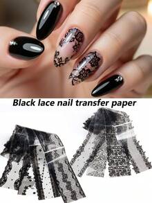 10 Sheets Black Lace Nail Art Foils Set Nail Transfer Sticker Full-Coverage Lace Floral DIY Transfer Paper Manicure Accessories,Glossy, Single Use - Black - View 3
