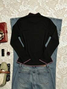 New Chinese Floral Embroidery Long Sleeve Tee, Black Stand Collar Pink Stitch Split Hem Slim Fall Daily Top - Black - View 8