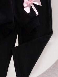 Young Girl Ribbon Bow Decor Round Neck Long Sleeve Top And Pants - Black - View 4