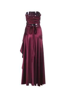 Women's Summer Red Strapless Satin Slit Slip Dress For Party, Holiday, Back To School - Burgundy - View 8