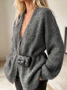 Women's Solid Color Open Front Long Sleeve Soft Comfortable Minimalist Casual Versatile Mid-Length Knit Cardigan, Street Slouchy - Dark Grey - View 1