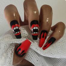 96 piezas (4 estilos mixtos) de uñas postizas de Halloween, uñas falsas de ataúd y almendra, diseño de telaraña, calabaza, esqueleto, goteo de sangre y dientes de vampiro, puntas de uñas falsas largas de cobertura completa para disfraz de Halloween, fiesta y decoración de manicura diaria - Multicolor - Ver 4