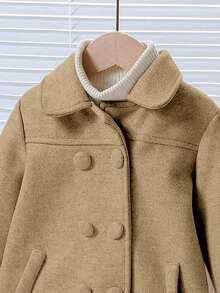 Girls' Casual Fashion Minimalist Lapel Regular Shoulder Long Sleeve Loose Mid-Length Solid Color Wool Blend Coat Winter Jacket - Khaki - View 4