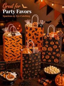 1pc/4pcs/6pcs/8pcs Halloween Paper Gift Bags, 4 Mixed Designs: Pumpkin Jack-O'-Lantern, Bat, Black Cat And Spider Web Print Candy Bags, With Handles, Horror Party Favor Bags, Suitable For Candy, Cookies, Small Gifts, Reusable - Halloween Tote Bag - View 3