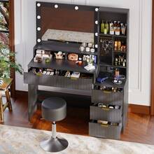 Devoko Modern Vanity Table With Mirror, LED Lighting With 3 Color Modes, 5 Drawers, Open Shelves, Jewelry Hooks And Integrated Power Outlet, Dressing Table For Bedroom, Black - View 5