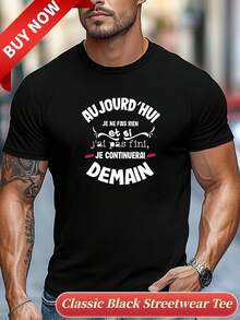 T-shirt da uomo taglie forti, semplice ed elegante, pulita e minimalista, con scritta "AU JOURD'HUI JE NE FAIS RIEN", grafica estiva casual, girocollo, manica corta, taglie forti. - nero - Visualizzare 1