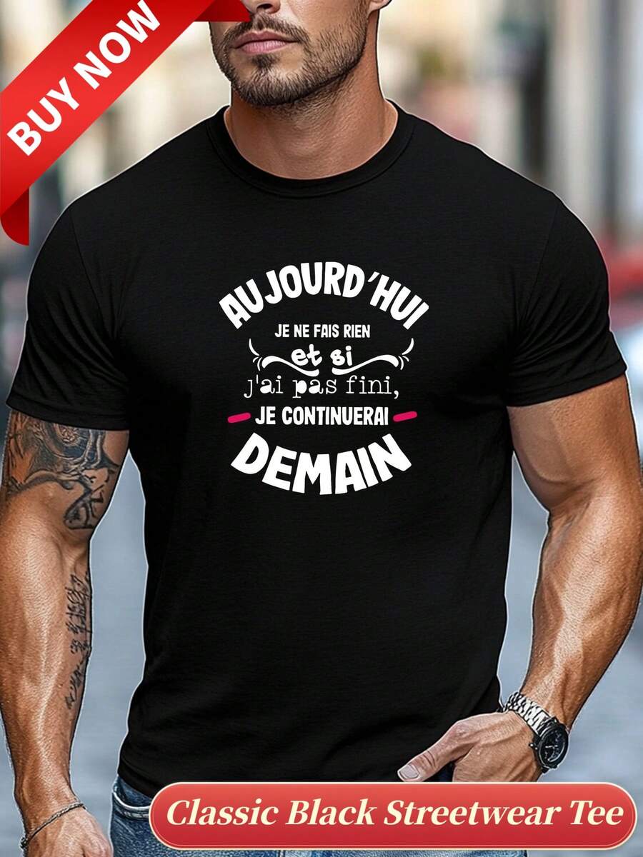 T-shirt da uomo taglie forti, semplice ed elegante, pulita e minimalista, con scritta "AU JOURD'HUI JE NE FAIS RIEN", grafica estiva casual, girocollo, manica corta, taglie forti. - nero - Visualizzare 1