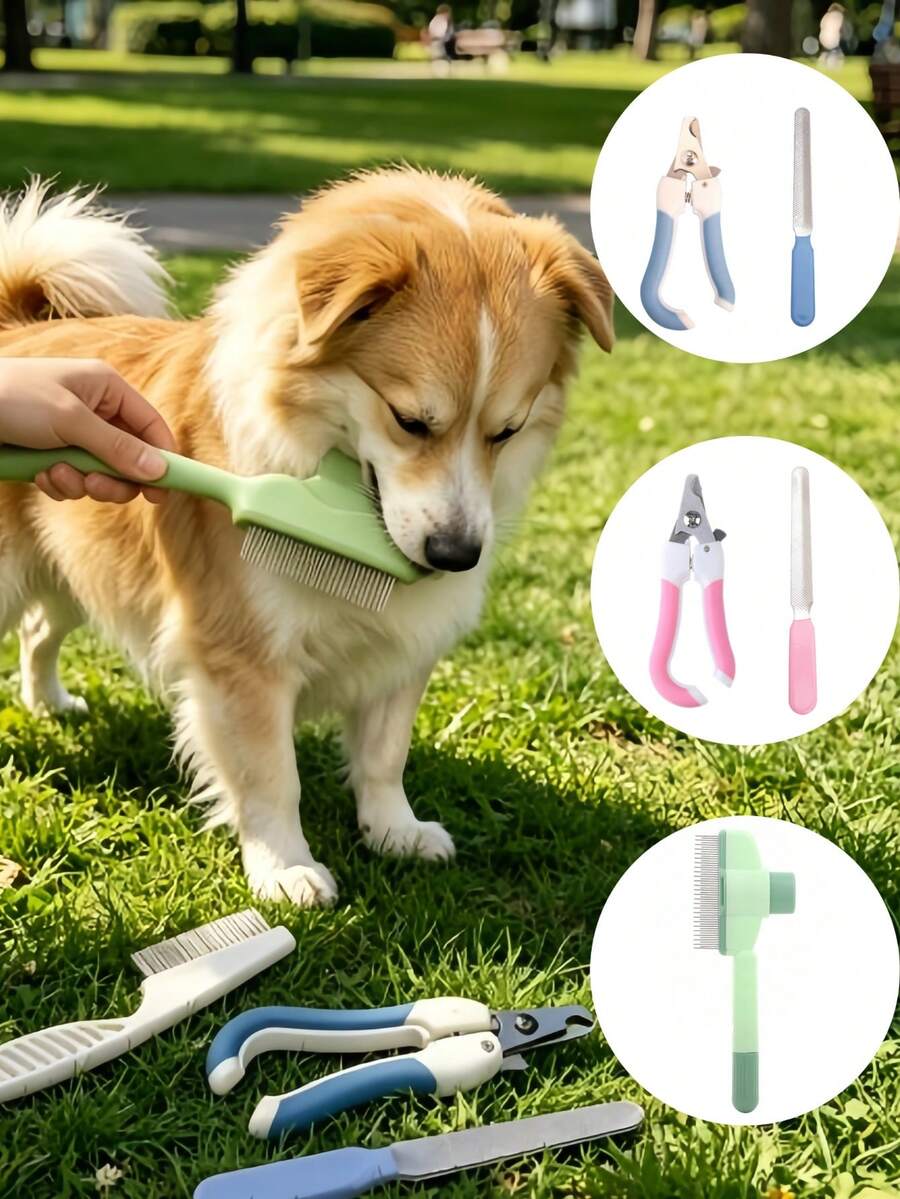 Kit de aseo para mascotas de 3 piezas que incluye cepillo cardador autolimpiante, cortauñas y lima de uñas, peine profesional para quitar pelo de mascotas y herramientas para recortar patas para perros, gatos y mascotas pequeñas, suministros de aseo en el hogar, mango antideslizante, hoja de acero inoxidable afilada - Ver 1