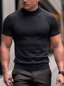Men's Casual Minimalist Solid Color Short Sleeve Mock Neck Sweater - Black - View 3