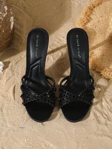 On feet& in love Summer Women's Fashion Elegant Sexy Rhinestone Single Strap Shallow Toe Open Toe Outdoor Wear Slide Sandals Thin High Heel Sandals Suitable For Matching With Dresses - Black - View 6