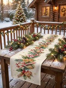 One Christmas Candy Cane Gingerbread Man Print Table Runner, A Candy And Dessert Themed Table Runner, Suitable For Dining Tables, Tabletops, Kitchens, Holiday Parties, And Christmas Decorations. - Multicolor - View 8