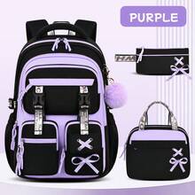 3 Pieces Set Bowknot (Detachable) Large Capacity Backpack, Tote Bag, Pencil Case, Polyester Adjustable Shoulder Strap Zipper Closure Back To School Gift - A - View 14
