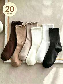 1/3/6/10 Pairs Japanese Sweet Minimalist British Academy Style Ins Mushroom Edge Mid-Calf Socks White Ruffle Socks - Multicolor - View 8