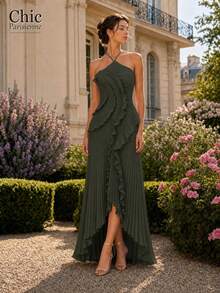 Army Green:Army Green 3D Ruffle Halter Pleated Maxi Gown - 軍綠色 - 查看 1