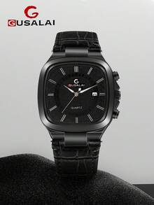 GUSALAI GUSALA 1pc Boxed Men's Niche Premium Minimalist Square Case Casual Business PU Leather Strap Watch, Suitable For Daily Wear, Holiday Gift, Christmas, Year-End - Black - View 4