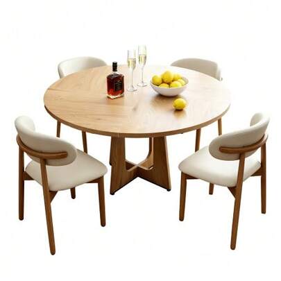 Modular Round Dining Table Set Consisting Of 1 Dining Table And 2 Dining Chairs, Tabletop Made Of MDF With Oak Veneer, Dining Chairs Made Of Solid Oak With Natural Wood Veneer, Ideal For Living And Dining Rooms