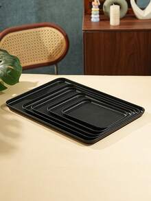 Black Shallow Tray, Used For Holding Food, Snacks, Drinks, Breakfast, Coffee, Rectangular Serving Tray, Durable Plastic PP Material - Black - View 15