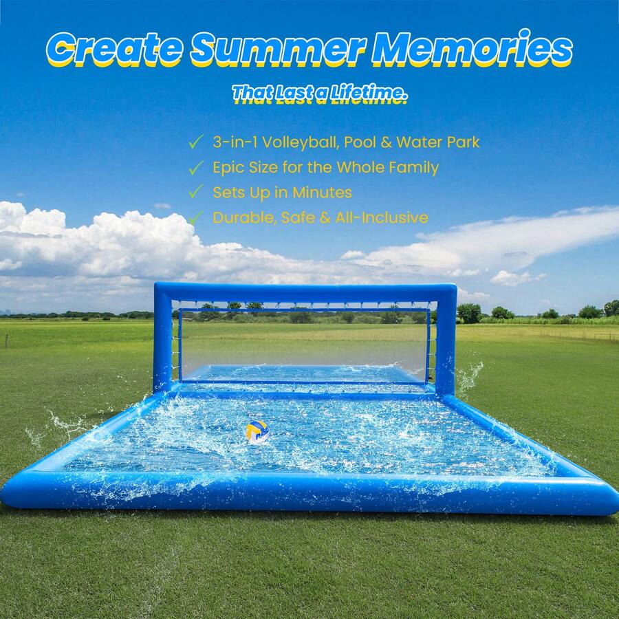 33 Ft(L) Inflatable Water Volleyball Pool, Commercial 0.6mm PVC, With 800W Pump (Inflate/Deflate), Easy Setup Backyard Swimming Pool For Summer, Outdoor Activities Or Parties, 33 X 16.5 X 7 Ft - Blue - View 1