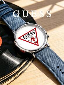 Guess 中性牛仔錶帶腕錶，圓形錶盤，三角標誌圖案，類比石英錶，復古街頭風，休閒復古，適合市集、週末、日常配戴，禮物首選 - 牛仔藍 - 查看 5