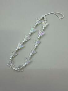 1pc Fashionable Exquisite Pearl Butterfly Beaded Candy Color Phone Lanyard Anti-Loss Pendant Phone Chain Versatile - Multicolor - View 3