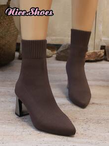 New Chunky Heel Pointed Toe Boots Spring Autumn Winter All Season Elastic Slim Sock Boots High Heel Ankle Boots Straight Black Warm Boots High Heel Mid-Calf Chunky Heel Boots Comfortable Fashion Pointed Toe High Heel Shoes Casual Elegant Boots - Coffee Brown - View 6