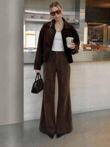 Women's High Waist Corduroy Flare Pants, Single Button Front, Square Patch Pockets, Solid Color Retro Casual Long Pants - Brown - View 5