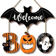 4pcs Halloween BOO Door Sign Decorations, Spooky Bat Welcome Hanging Sign For Front Door, Wooden Ghost Evil Pumpkin Black Cat Door Hanger Ornaments For Home Window Wall Halloween Party Decor - Multicolor - View 7