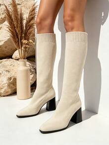 TULIPANO Elegant Women's Chunky Heel Knee-High Boots Chic Spandex Style Perfect For Vacations Dates And Leisure - Beige - View 1