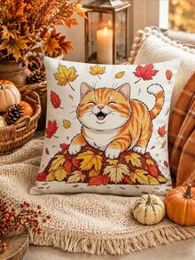 Camino de mesa con diseño de gato y hoja de arce para el Festival de Cosecha de Acción de Gracias, estilo pastoral de otoño, decoración del hogar y cocina de Acción de Gracias, camino de mesa, mantel individual, funda de almohada, decoración del hogar y suministros para fiestas del Festival de Cosecha de Acción de Gracias - Multicolor - Ver 8