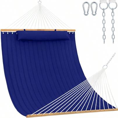 12 FT Double Quilted Fabric Hammock With Spreader Bar And Detachable Pillow, 450lbs Weight Capacity, Navy Blue