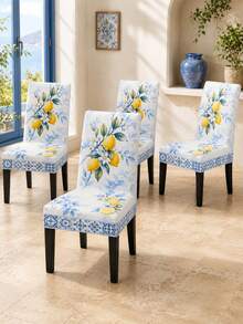 Porcelain Blue Tile Lemon Chair Cover, European Coastal Polyester Dining Chair Slipcover With Yellow Citrus Fruit, White Flower Print, Soft Fitted Backrest Seat Cover For Dining Room Chair Decor, Kitchen Chair Protector, Kitchen . - Multicolor - View 6