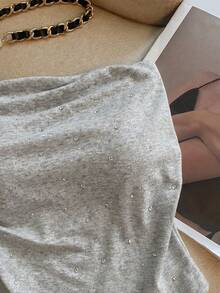 女款優雅休閒迷人性感極簡清新日常通勤百搭修身百褶抹胸上衣夏季 - 花灰色 - 查看 5