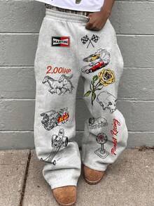 1pc Boys' Streetwear Cool Car Rose Skull Print Loose Sweatpants, Spring Summer Autumn - Light Grey - View 4