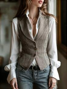 2026 New Tweed Herringbone Vest Sleeveless Blazer Vintage Vest College Style Layering Vest Tweed Fabric Single-Breasted V-Neck Slim Fit Button Summer - Khaki - View 7