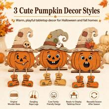 A Three-Piece Halloween Wooden Pumpkin Desktop Decoration Set, Including A Vintage Burlap Witch's Hat, A Hollow-Out Pumpkin, And A Hanging Boot-Shaped Farmhouse Sign - Suitable Fireplace Mantels, Windowsills, Fireplaces, Autumn Party Deco - Three-piece Pumpkin Decoration Set - View 3
